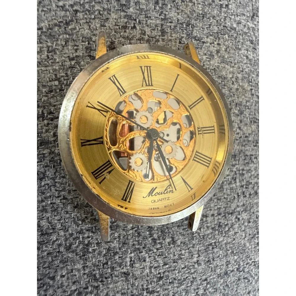 Moulin Quartz Skeleton Dial Watch Head‎ Gold Tone Roman Numerals Japan Movt